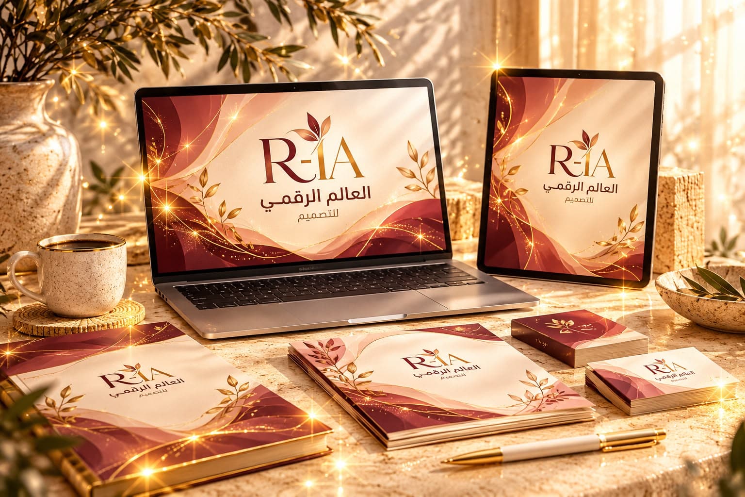 هوية R-IA العالم الرقمي للتصميم على حاسوب وجهاز لوحي ومطبوعات